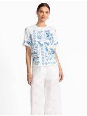 Johnny Was White Top with Blue Floral Tile Print